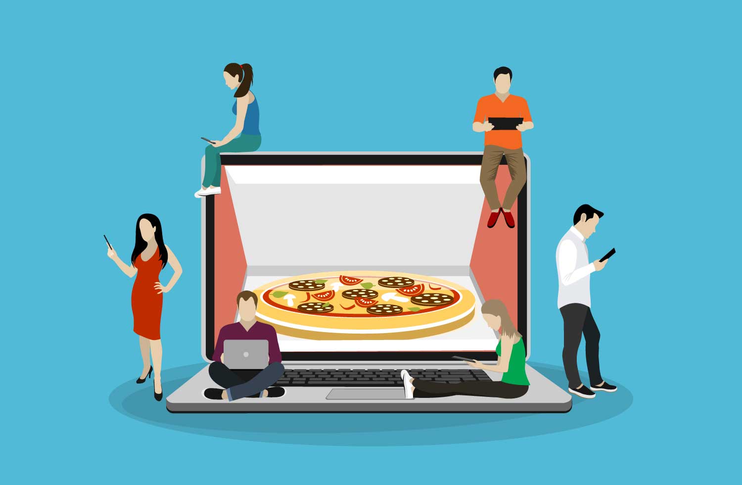 Ilustración de varias personas con aparatos tecnologicos rodeando una laptop con una pizza de fondo, referencia a las apps y recursos en línea